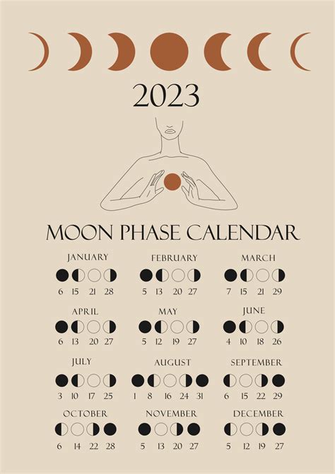 Moon Phases Calendar 2023 With A Girl Line Waning Gibbous Waxing