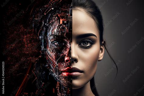 artificial intelligence a futuristic humanoid cyber girl with a neural network half woman