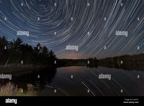 Star Trails Over George Lake In Killarney Provincial Park Hi Res Stock