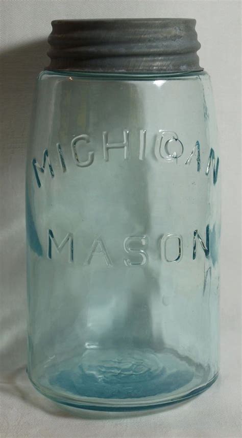 Vintage Aqua Michigan Mason Quart Canning Fruit Jar W Zinc Lid Jar