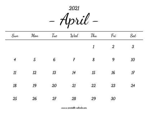 April Calendar 2021 Printable A Printable Calendar