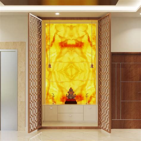 Pooja Room With Yellow Fluid Art For The Back Wall Livspace
