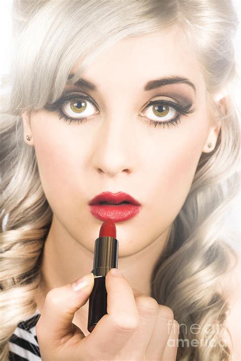 Sexy Retro Pinup Girl Applying Makeup On Lips Photograph By Jorgo
