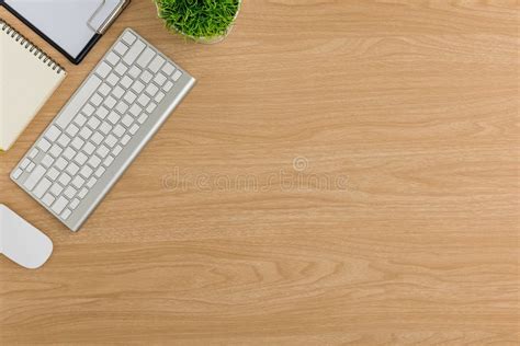 Top View Wood Office Desk Table Flat Lay Workspace Stock Photo Image