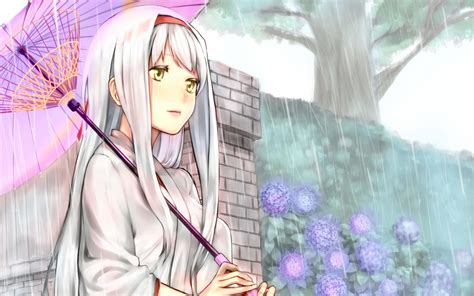Cute Anime Girl Beautiful Long Hair Dress Rain Flower