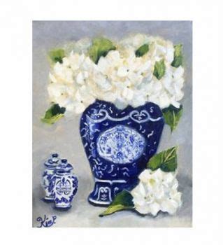 Solve White Hydrangeas In Blue And White Vase With Small Spice Jars