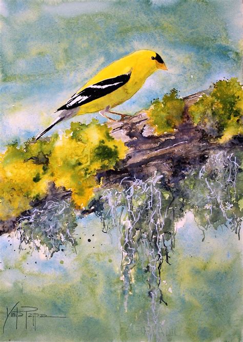 Goldfinch Bird On Mossy Branch Watercolor Painting