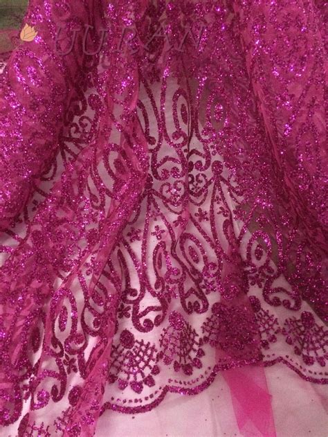 Fushia Pink Glitter Sequins French Lace Fabric High Quality Glitter
