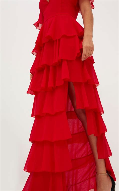 Red Chiffon Ruffle Layer Maxi Dress Prettylittlething Ca