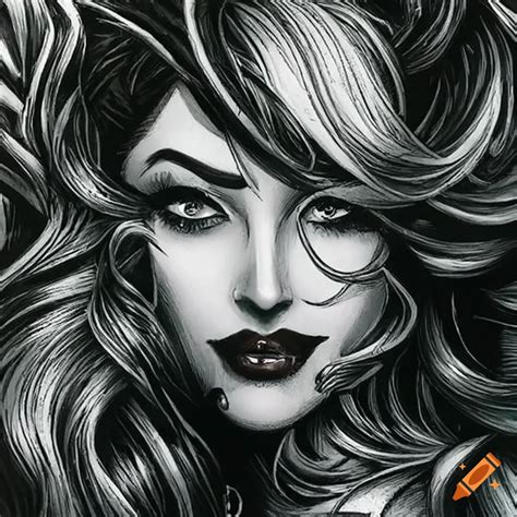 detailed pencil illustration of a femme fatale in a horror comic