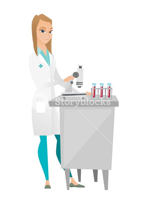 Caucasian Laboratory Assistant Working With Microscope Young Female