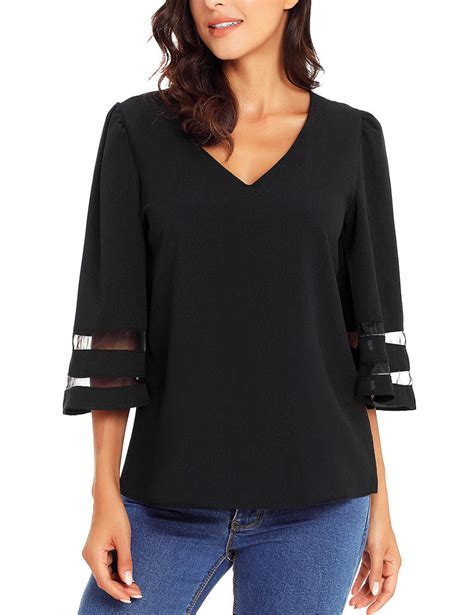 Lookbookstore Womens V Neck Shirt Printed Top 34 Bell Sleeve Mesh Pa