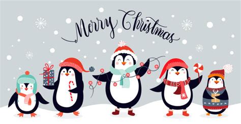 Cute Penguins Banner Merry Christmas Greetings Illustrations Royalty