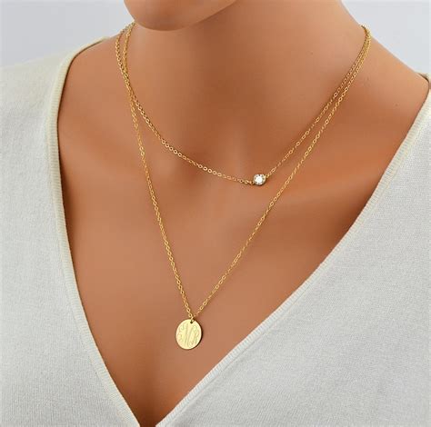 Layered Gold Necklace Delicate Gold Necklace Monogram Etsy