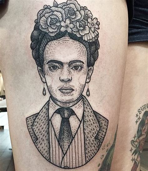 Vintage Style Black Ink Woman Portrait Tattoo On Thigh With Flowers Tattooimagesbiz