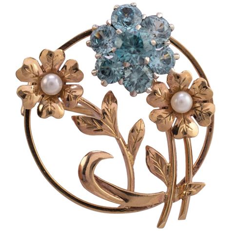 Vintage Blue Zircon Pearl Circular Flower Brooch Gold Hallmarks Birmingham 1964 For Sale At 1stdibs