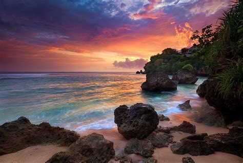 Bali Sunrise Indonesia Nature Clouds Sea Rock Landscape Shrubs Sand Wallpapers HD
