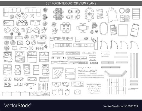 Big Set Of Linear Icons For Interior Top View Plans Isolated Vector