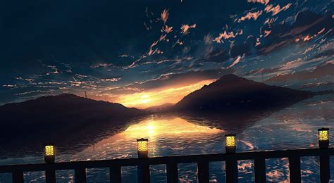 Anime Sunset Scenery Anime Landscape Lantern Fence Sky Anime Hd
