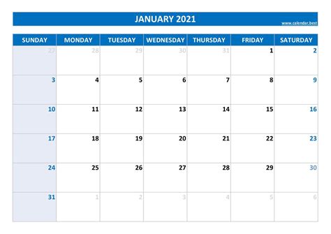 January 2021 Calendar Calendar Best