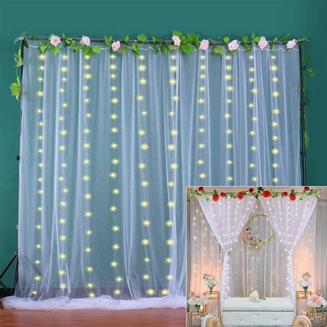 Buy White Tulle Backdrop Curtain With Lights String For Parites 10×8ft
