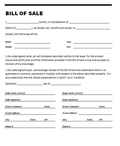 Free Printable Auto Bill Of Sale Form Generic