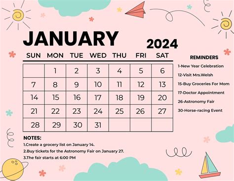 January 2024 Calendar Cute Printable Pdf Template Honey Laurena