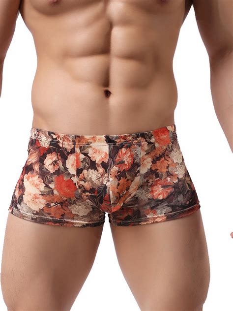 Kamamen Mens Sexy Floral Print Low Waist Boxer Briefs Underwear Thin Boxers Shorts Underpants