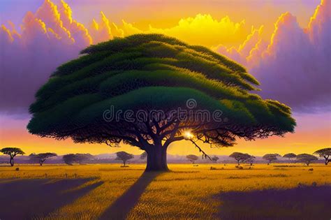 African Savanna At Sunset Stock Illustration Illustration Of Dawn