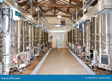 Modern Winery Interior With Aluminium Stainless Steel Wine Vats In A
