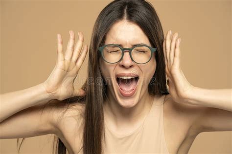 Closeup Portrait Stressed Frustrated Woman With Glasses Screaming