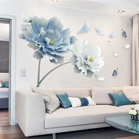 Large White Blue Flower Lotus Butterfly Removable Wall Stickers 3d Wall