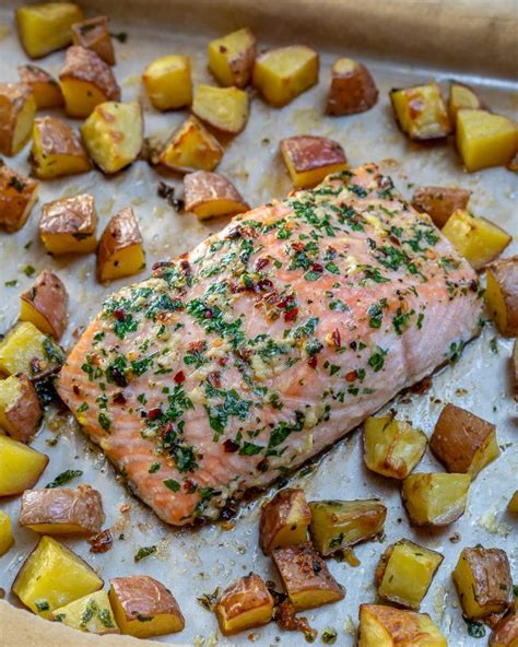 Peel potatoes and boil until soft, mash. One Sheet-Pan Garlic Butter Salmon + Red Potatoes for ...