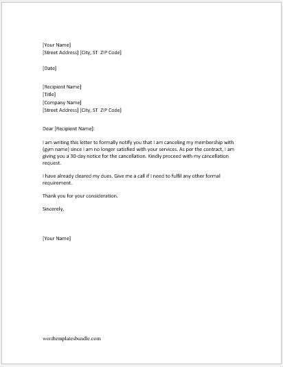 Gym Cancellation Letters For Various Situations Formal Word Templates