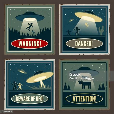 Retro Style Ufo Poster Four Vintage Signs With Extraterrestrial