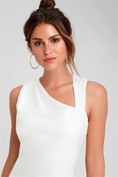 Contemporary Chic White Asymmetrical Neckline Bodycon Dress Asymmetrical Neckline Dress