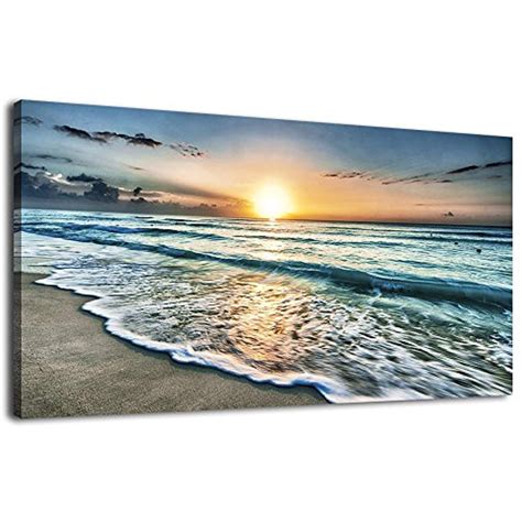 Artewoods Canvas Art Wall Decor Sunset Beach Blue Waves Ocean Art Large Modern Artwork Canvas