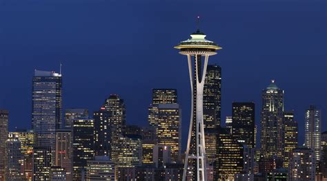City Buildings During Night Time Seattle Hd Wallpaper Wallpaper Flare