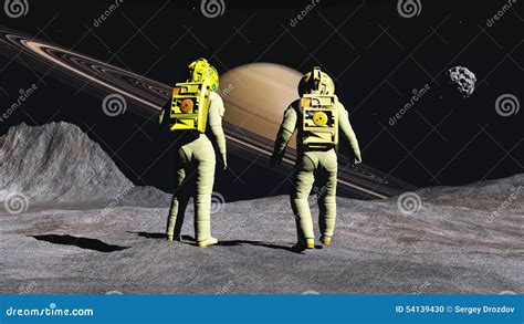 Astronauts On Satellite Of Saturn Stock Illustration Image 54139430