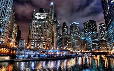 Fond Décran Ville Etats Unis Chicago Nuit Lumières Hdr