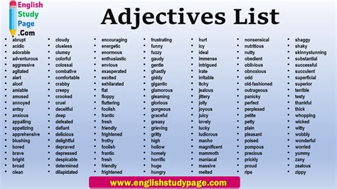 Adjectives List In English English Study Page