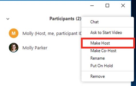 You can even make someone else the host during a meeting. Pass Host Controls and Leave the Meeting - Zoom Help Center