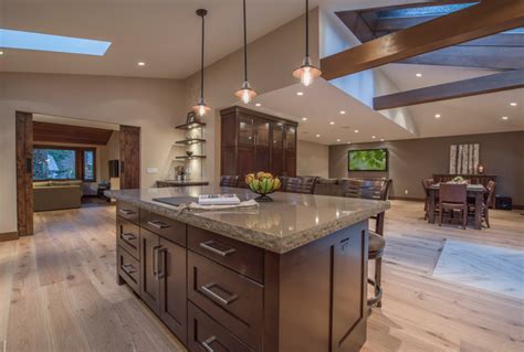 Open Concept Floor Plan With Vaulted Ceilings Rustic Kitchen