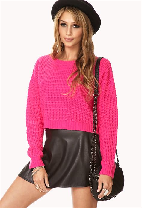 Forever 21 Cropped Waffle Knit Sweater In Pink Hot Pink Lyst