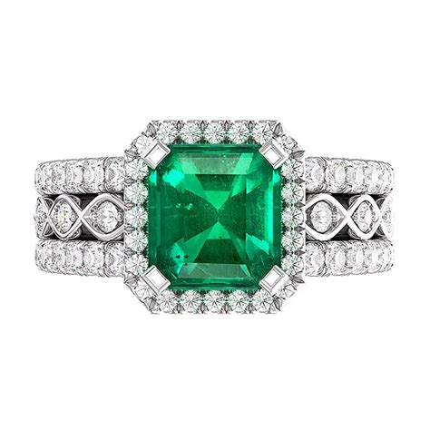 Asscher Cut Emerald Triple Diamond Band Halo Ring