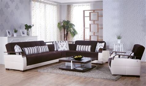 A Living Room With White And Brown Furniture