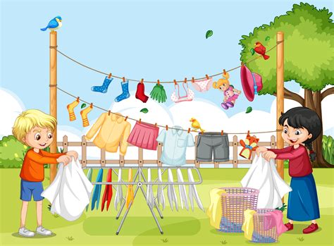 Outdoor Scene With Children Hanging Clothes On Clotheslines 2097290