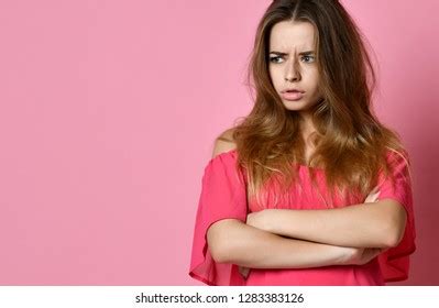 Portrait Upset Unsatisfied Woman Standing Arms Stock Photo