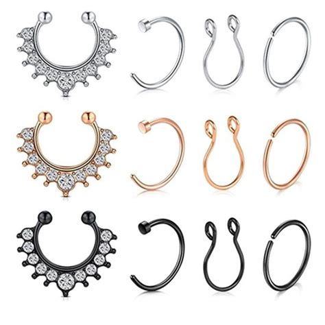Stainless Steel Flower Fake Nose Ring Set Crystal Non Piercing Ear Cuff Cartilage Earring Clip