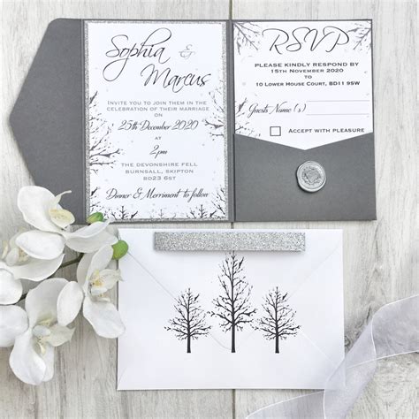 Sample Rustic Winter Wedding Invitation Grey Pocket Fold Etsy